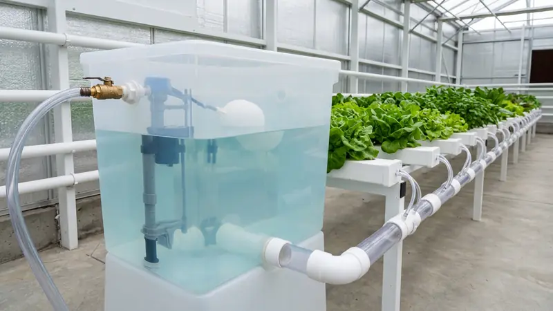 Float-fill valve maintaining nutrient tank water level