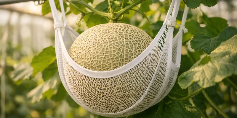 Melon supported in a fabric sling on a trellis
