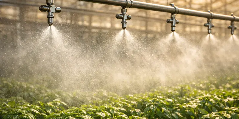 Misting nozzles cooling a greenhouse