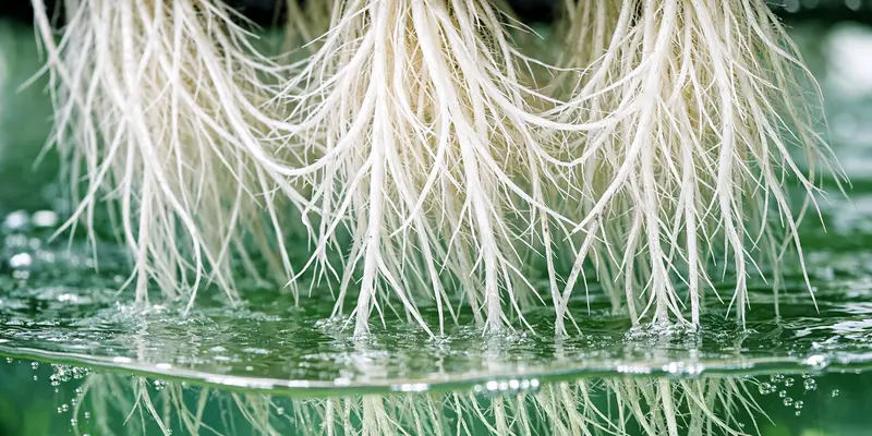 Healthy white roots in nutrient-rich water