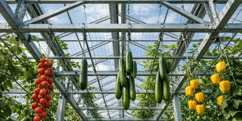 Produce hanging from engineered greenhouse mounting points