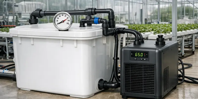 Nutrient tank with chiller unit in a greenhouse