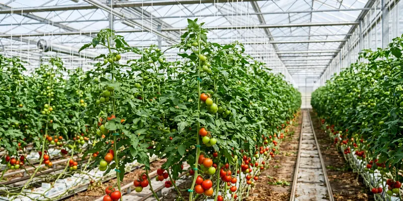 Tomato plants growing up trellis supports