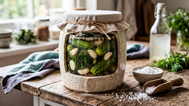 Vegetables submerged in salt brine with coarse sea salt