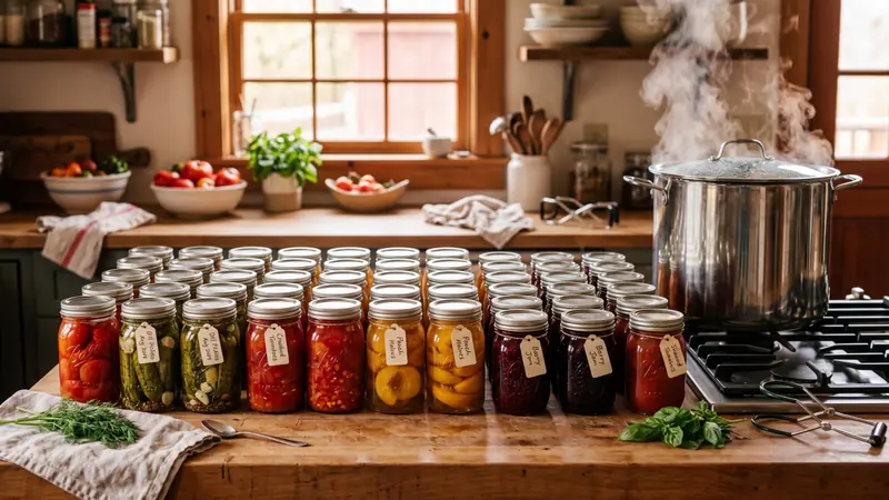 Rows of sealed mason jars with preserved tomatoes and pickles