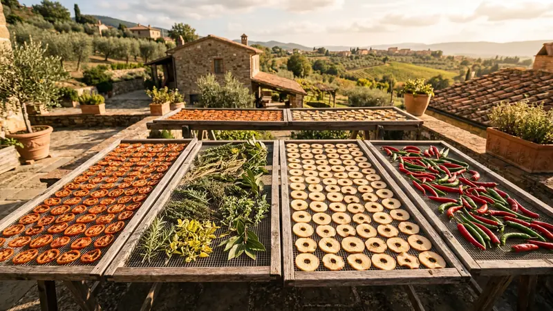 Sun-drying trays with sliced tomatoes, herbs, apple rings, and chillies