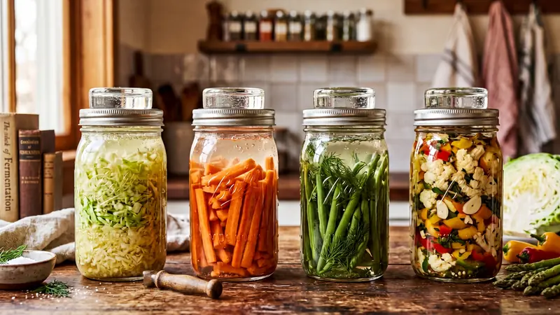 Glass jars of fermenting vegetables in brine