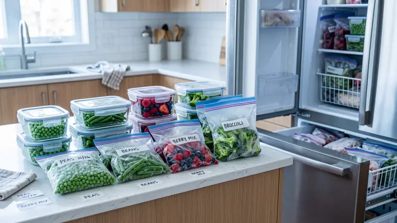 Blanched vegetables and berries packed for freezing