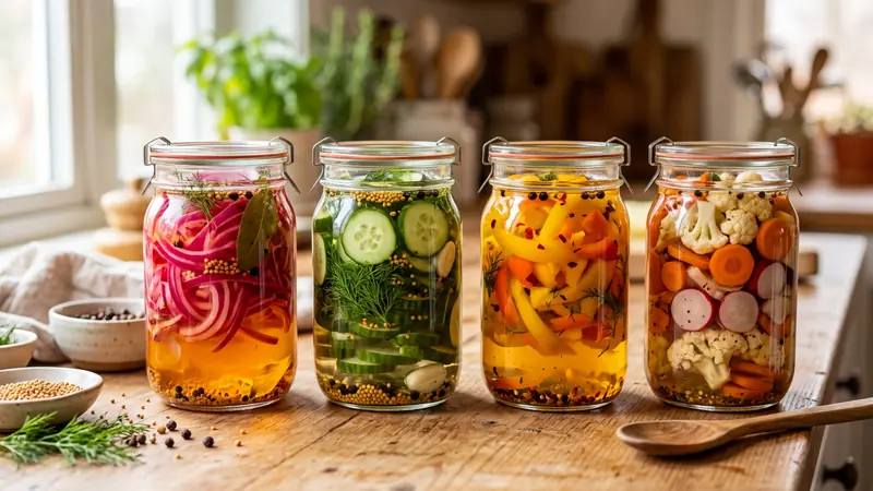 Colourful pickled vegetables in vinegar brine