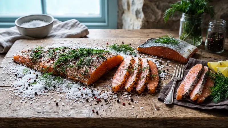 Salt-cured fish fillets with coarse sea salt and dill
