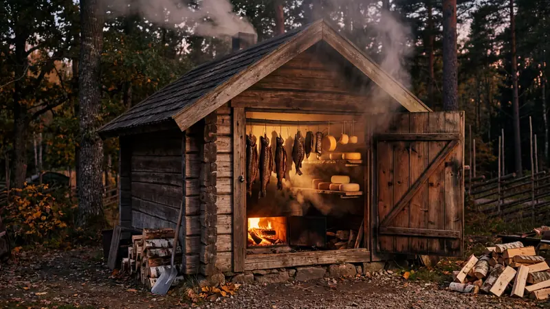 Traditional smokehouse with hanging fish and cheese