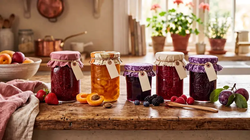 Jewel-toned fruit jams and jellies in glass jars
