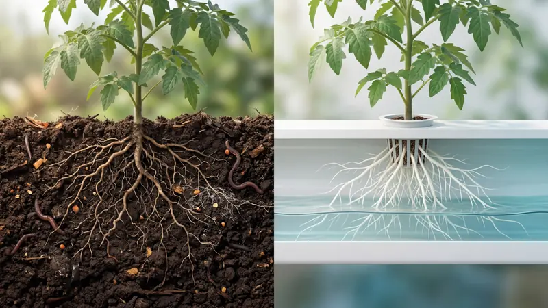 Cross-section: Soil vs. Hydroponic root zones