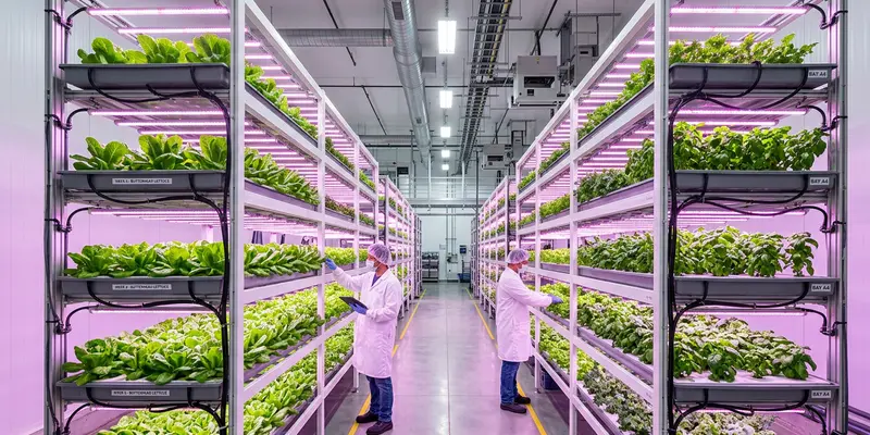 Indoor vertical farm with LED-lit growing shelves