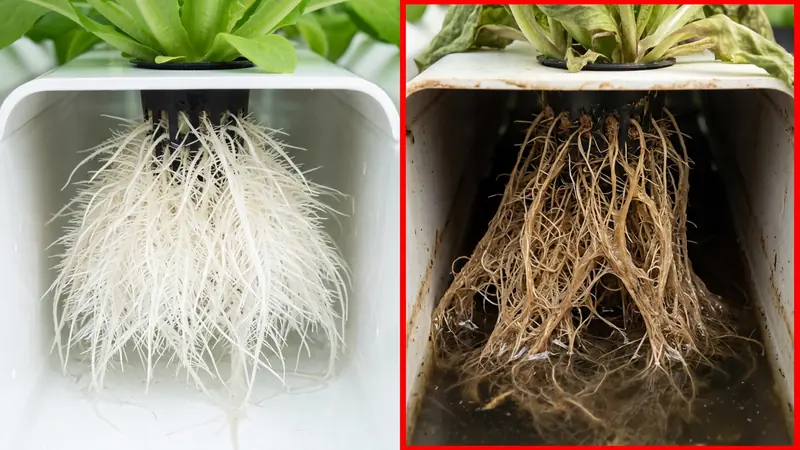 Comparison: healthy white roots vs diseased brown roots in NFT channels