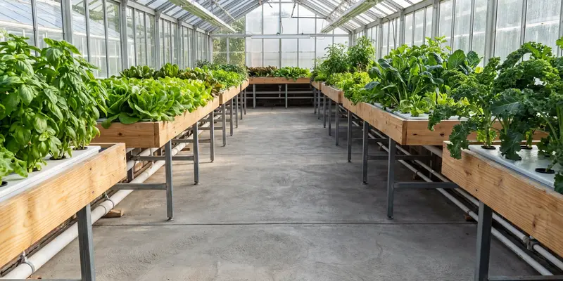 Clean dry greenhouse floor between hydroponic benches