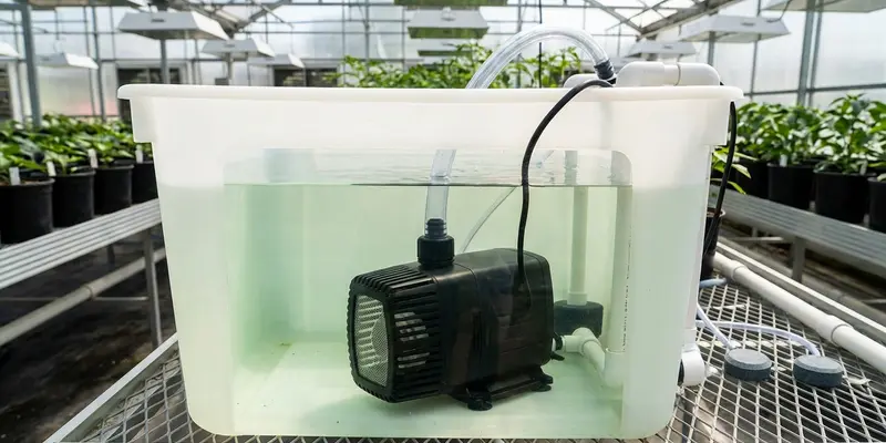 Submersible pump in a hydroponic nutrient reservoir
