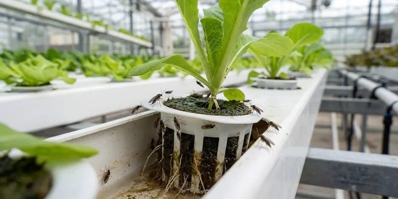 Fungus gnats near the base of hydroponic lettuce