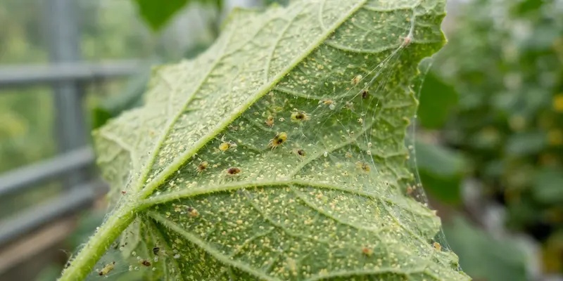 Two-spotted spider mites and webbing on a cucumber leaf