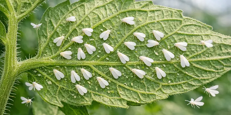 Whiteflies on the underside of a tomato leaf